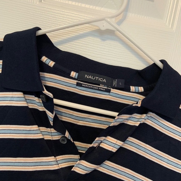 Nautica Men's Mercerized Pima Striped Polo Shirt in Black & White Size L. - Picture 6 of 10